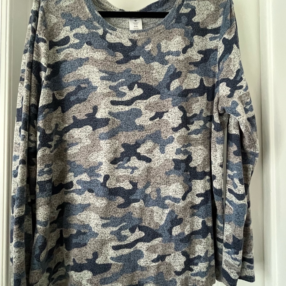 Blue and Gray Crew Neck Camouflage Sweater